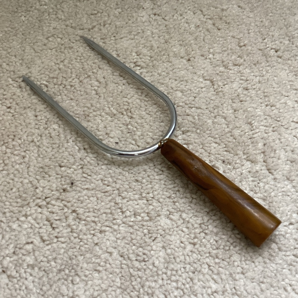 1950s Vintage 2 Prong Meat Holder Fork With Marbled Bakelite Handle